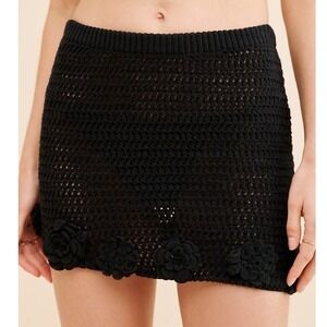 Free People Black Crochet Mini Skirt Flower Applique Open Knit Boho L